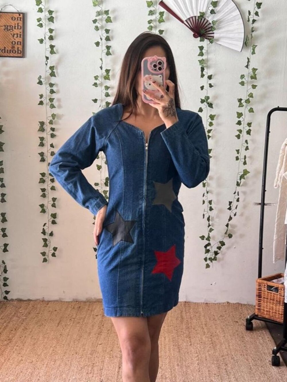 Vintage 80s denim zip-up mini dress with leather star appliqués size XS/S